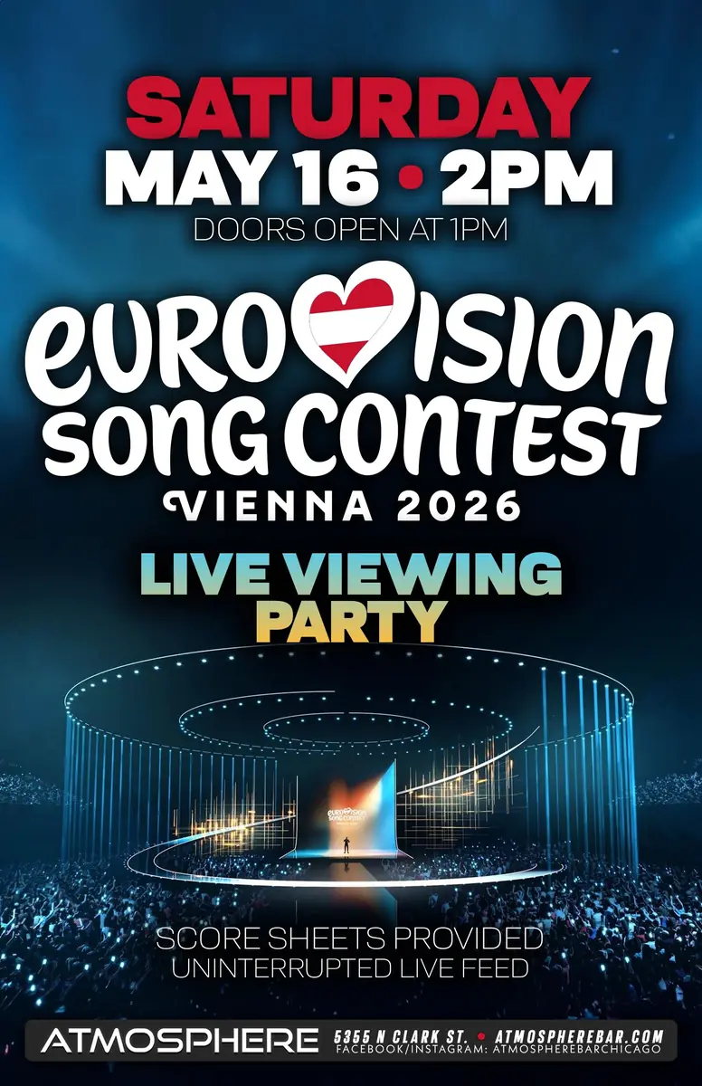 Eurovision Song Contest Vienna 2026 Live Viewing Party at Atmosphere — Live viewing party of the Eurovision Song Contest from Vienna 2026. Doors open at 1pm, event starts at 2pm. Score sheets provided and uninterrupted live feed.