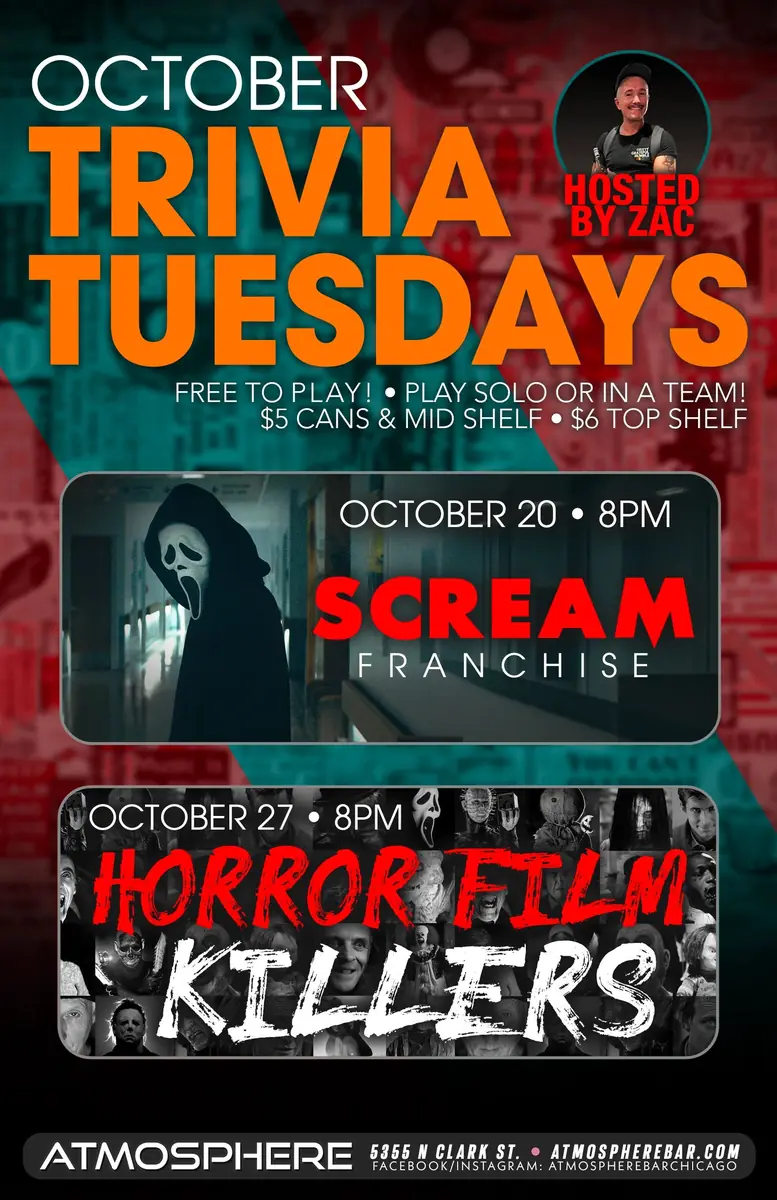 Scream Franchise at Atmosphere — Scream franchise film screening on October 20th at 8pm.