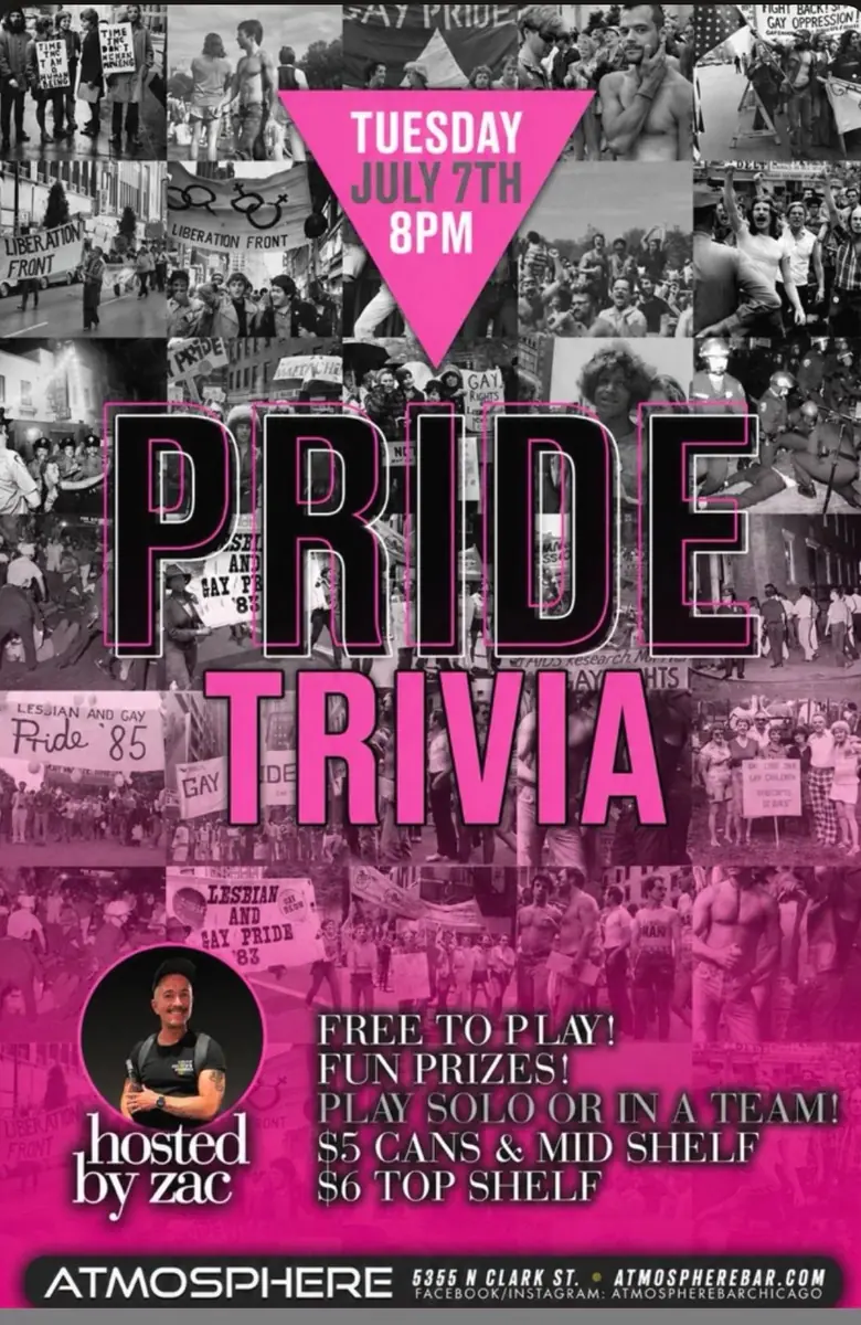 Pride Trivia at Atmosphere — Pride-themed trivia night hosted by Zac. Free to play with fun prizes available, and options to play solo or in a team.