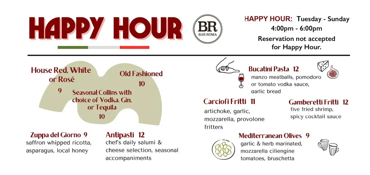 Happy Hour at Bar Roma — Happy hour at Bar Roma featuring discounted drinks and appetizers. Tuesday through Sunday from…