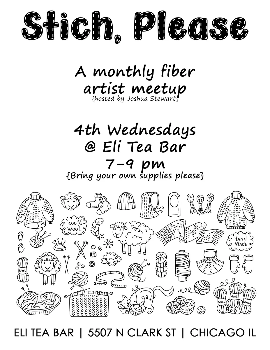 Stitch Please at Eli Tea Bar — A monthly fiber arts meetup hosted by Joshua Stewart. Participants bring their own supplies to…