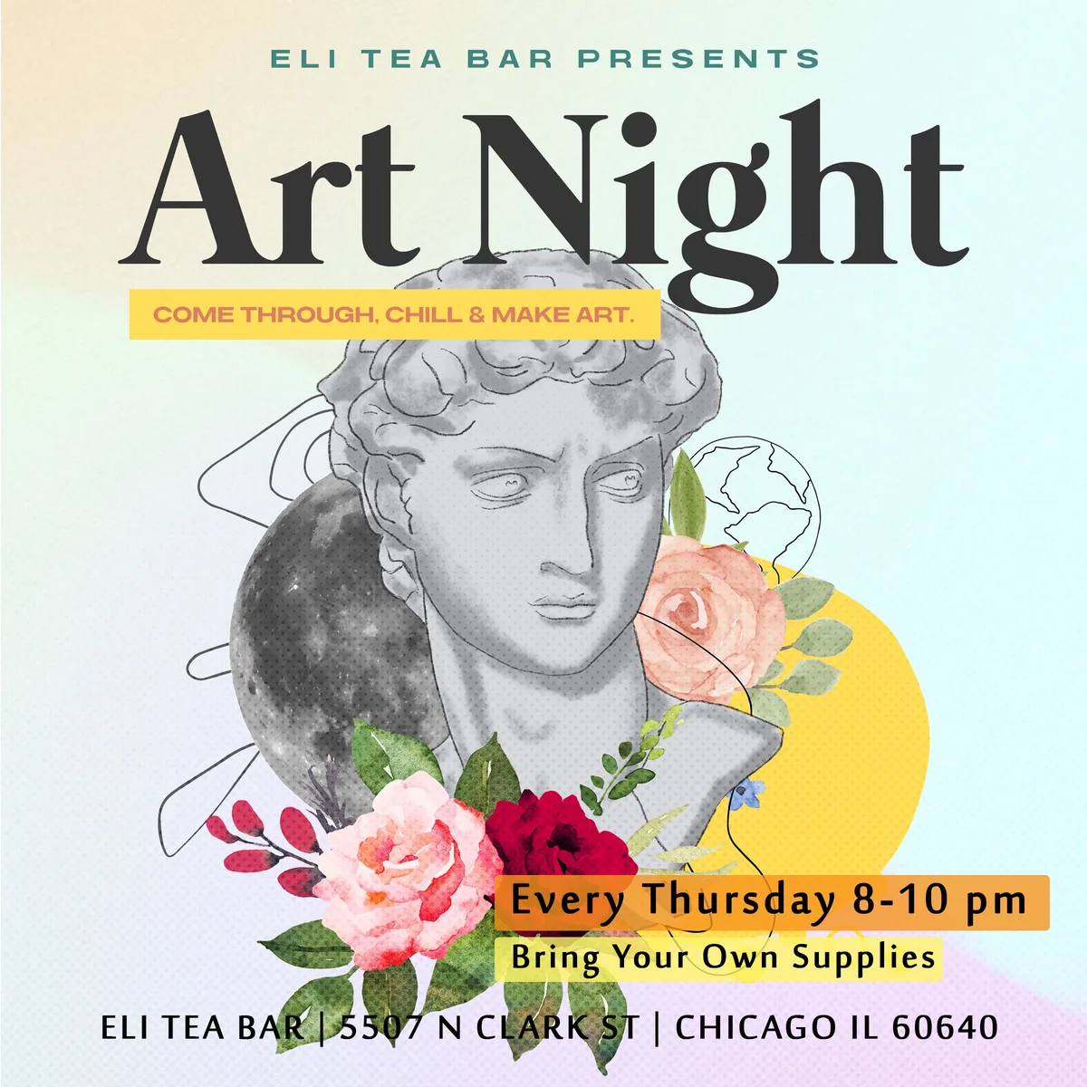 Art Night at Eli Tea Bar — A weekly art and craft night where participants can bring their own supplies or use complimentary…