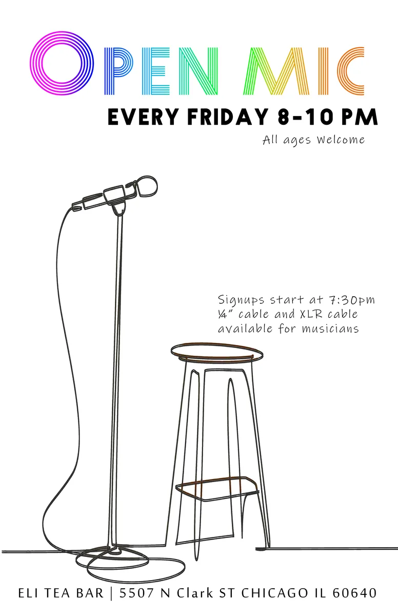 Open Mic at Eli Tea Bar — A weekly open mic night welcoming all talents and ages. Signups begin at 7:30 pm with ¼" cable and…