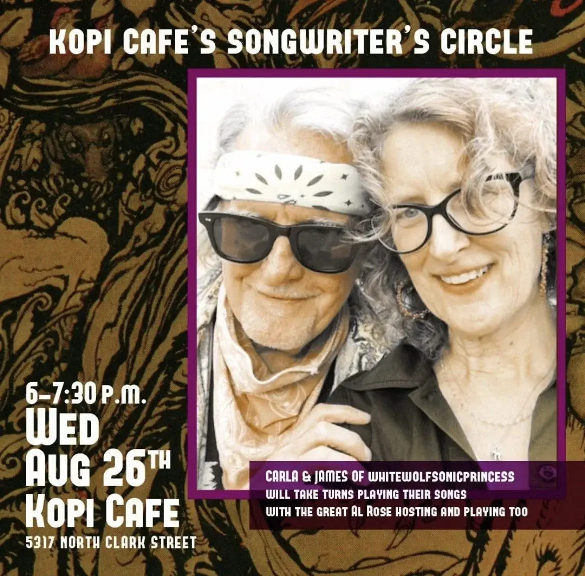 Kopi Cafe's Songwriter's Circle at Kopi Cafe — Carla and James of WhiteWolfSonicPrincess will take turns playing their songs with Al Rose hosting and playing too.
