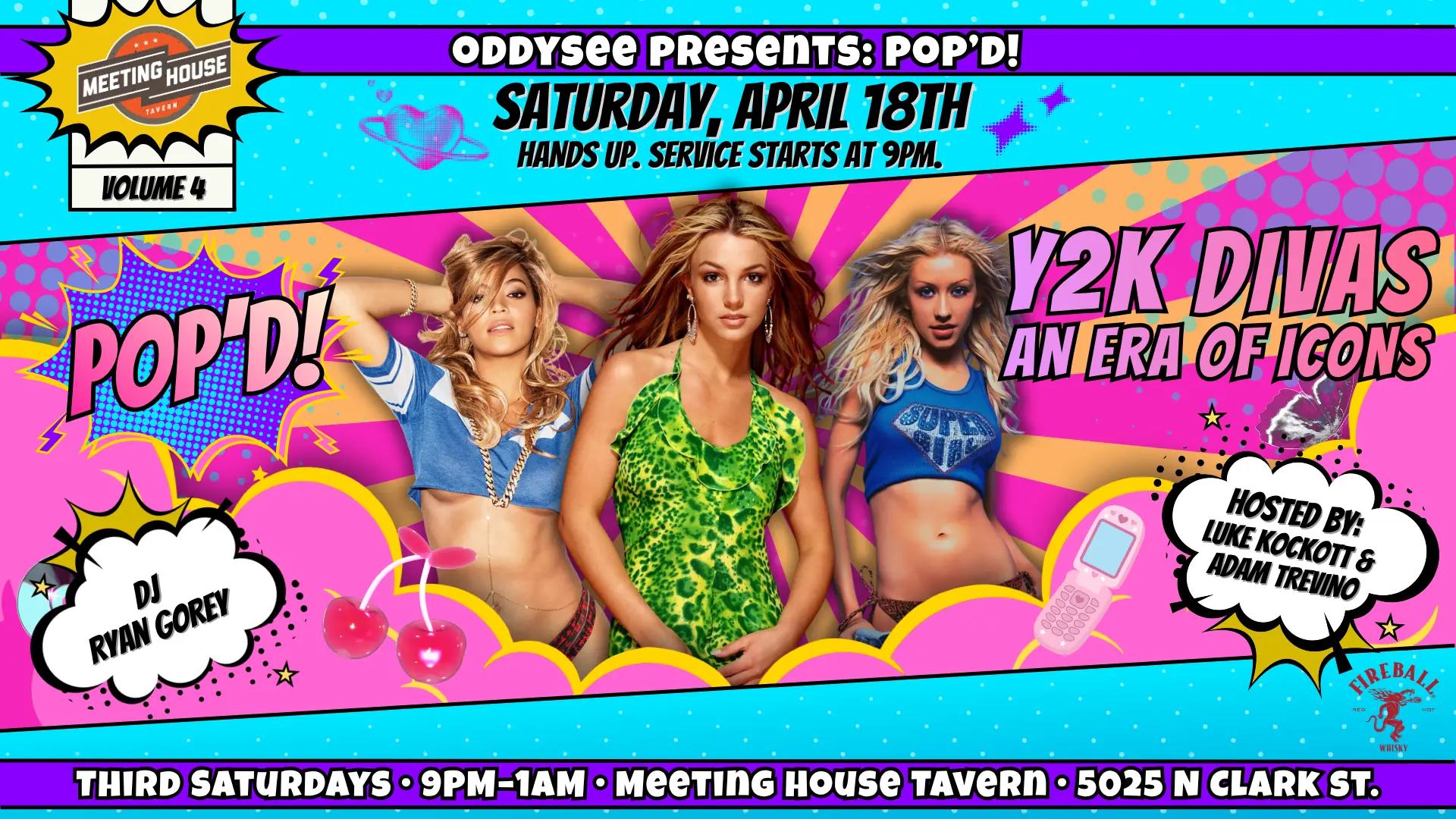 POP'D! Y2K Divas: An Era of Icons at Meeting House Tavern — Y2K-themed drag party celebrating pop divas. Hosted by Luke Lockott and Adam Trevino. DJ Ryan Gorey. Hands up, service starts at 9pm.