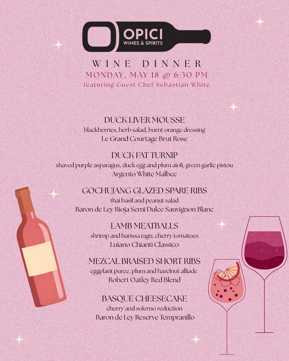 May Wine Dinner with Opici Wines at Uvae Kitchen & Wine Bar — Taste wines from around the world with Opici Wines, featuring Guest Chef Sebastian White. A multi-course wine dinner with paired selections.