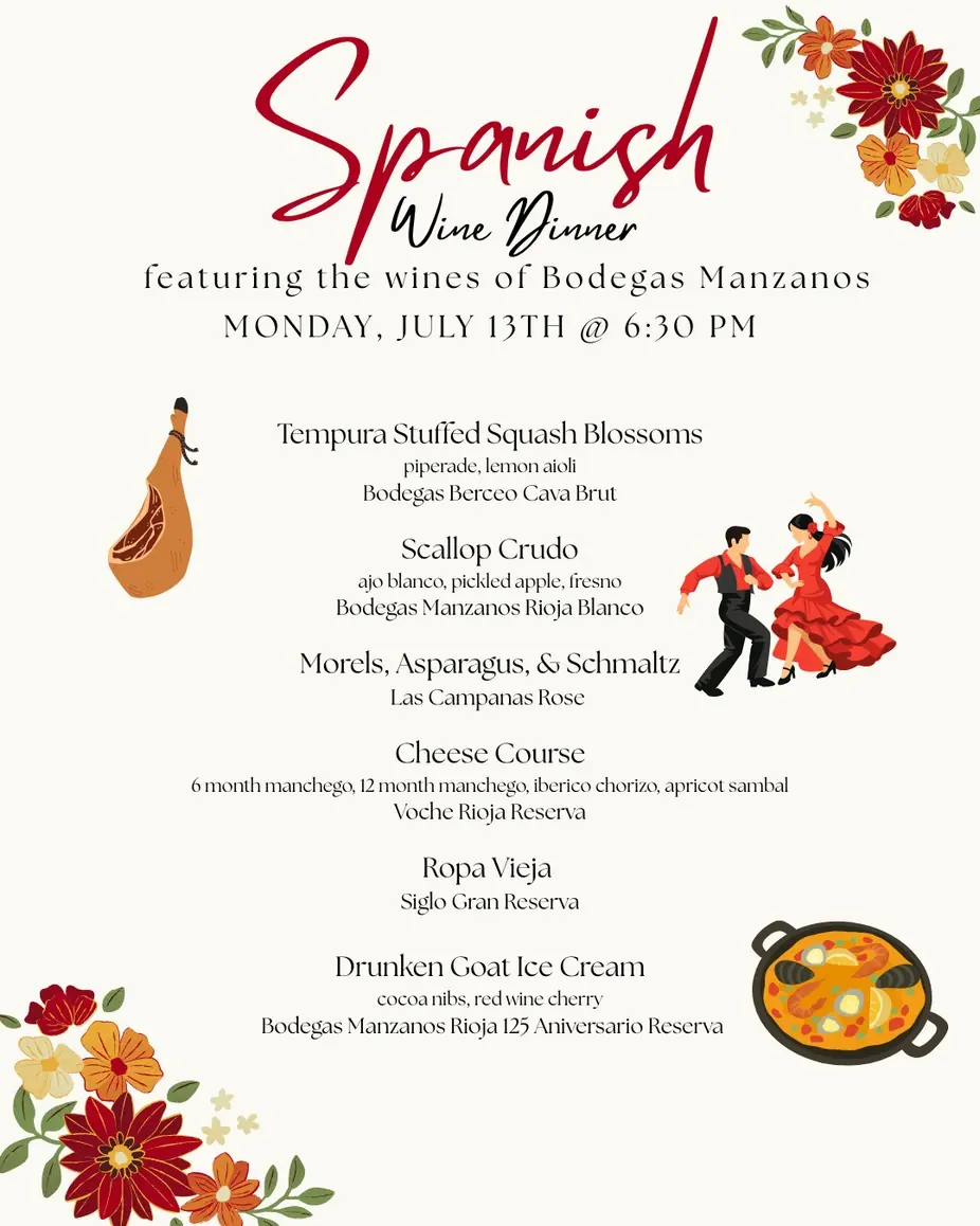 Spanish Wine Dinner at Uvae Kitchen & Wine Bar — Uvae's July Wine Dinner featuring exceptional Spanish wines from Bodegas Manzanos. A thoughtfully curated six-course pairing menu with wine pairings.